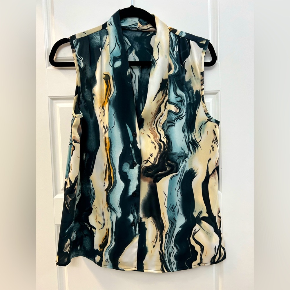 Teal Marbled Button Down Sleeveless Top